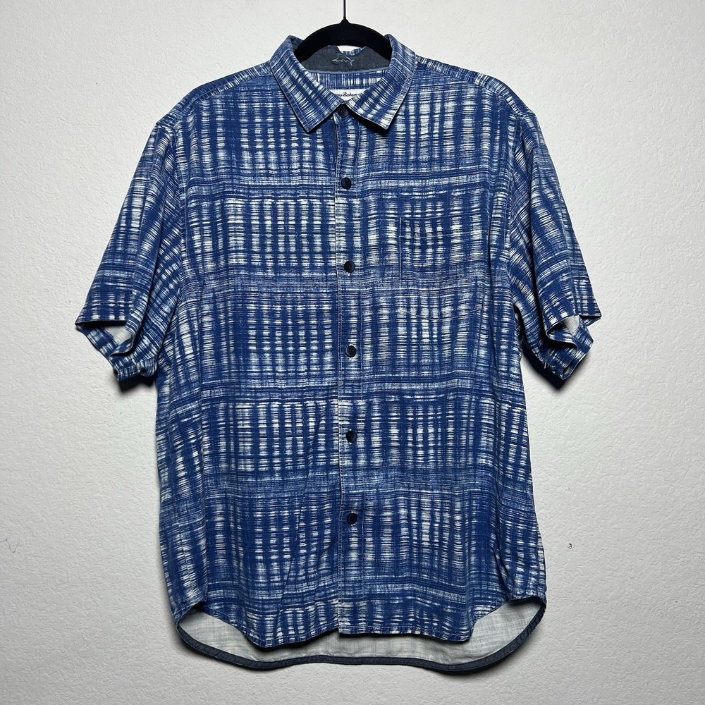 Tommy‎ Bahama Mens Large 100% Silk Camp Shirt Blue Abstract Button Up Resort